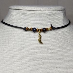 Gold Tiny Moon Charm With Blue Ceramic And Wood Accent Boho Adjustable N…